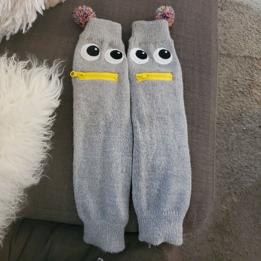 Girls Funny Face Leg Warmers 4T/5T Grey Poms Winter Fall School Girl Pockets